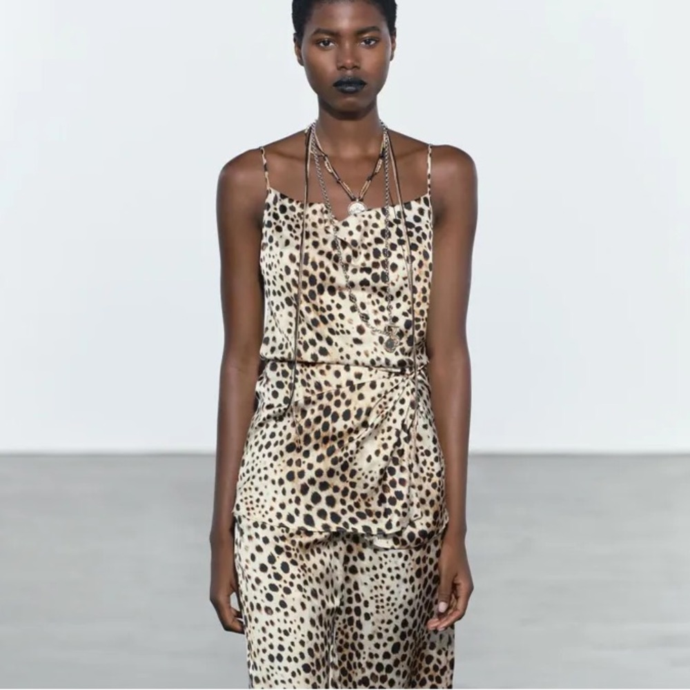 ZARA ANIMAL PRINT DRAPED CAMI TOP with TIE WAIST M